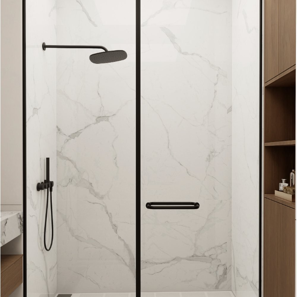 Modo wall panels lining a walk-in shower in a marble finish, behind a black-framed glass screen.